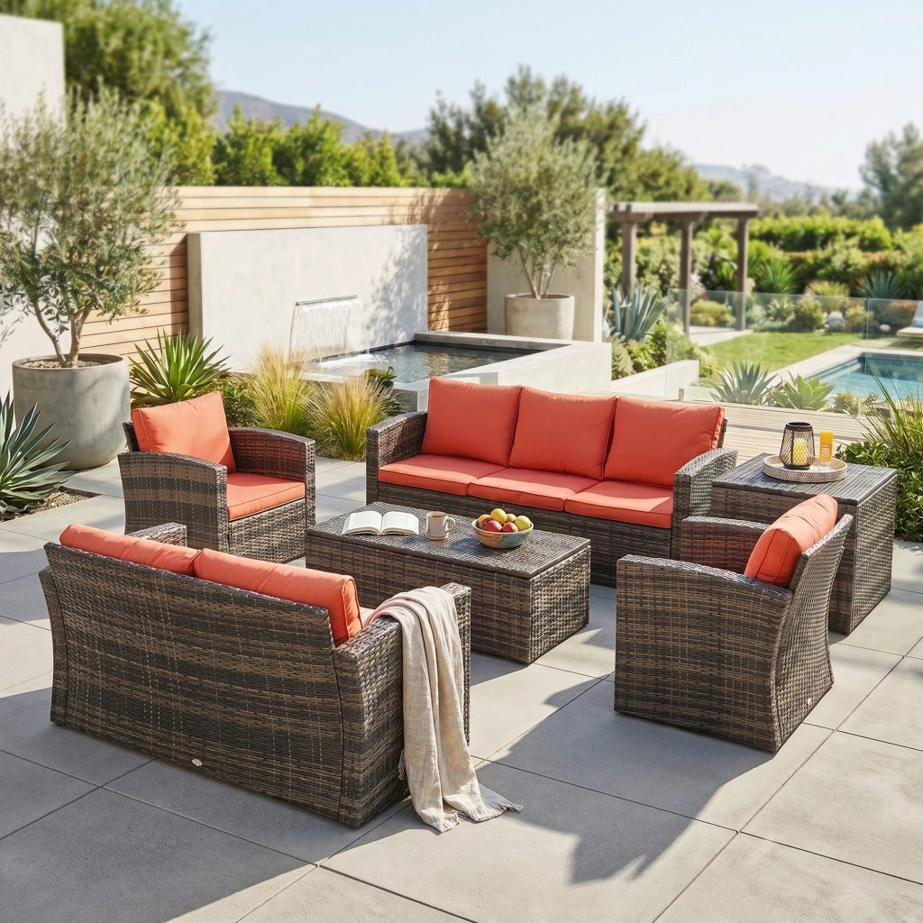 Set da Giardino 6 Pezzi in Rattan con Divani, Poltrone e Tavoli Contenitore, Marrone