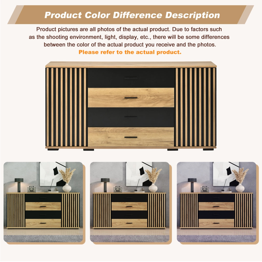 Credenza 140x35x70 cm Mobile Buffet 4 Cassetti e 2 Ante in MDF Rovere e Nero