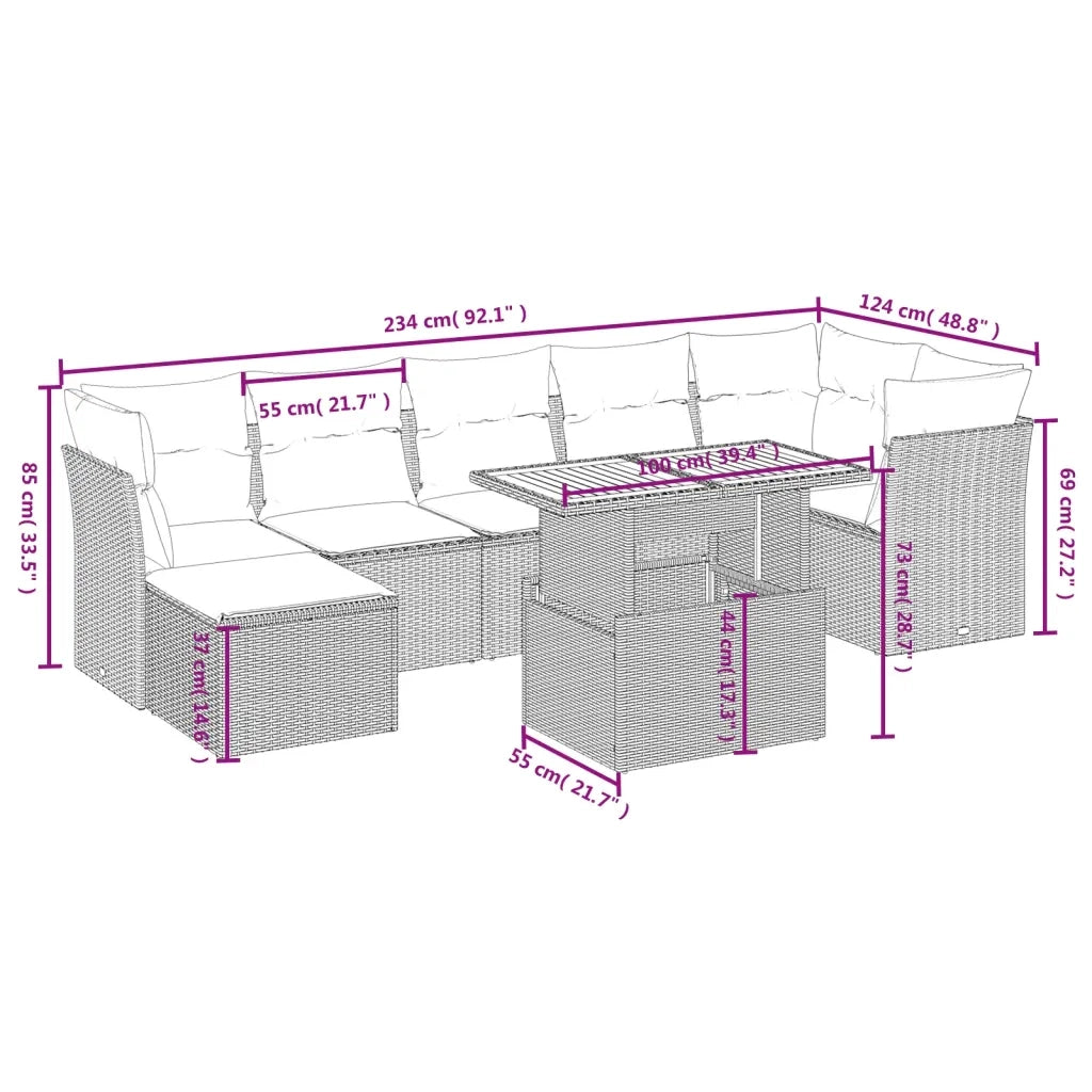 Set Divano da Giardino 8 pz con Cuscini Beige in Polyrattan