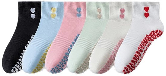 Sessantaquattro pair di calze per pilates femminili, calze antiscivolo fino a metà coscia con disegno cuoricini, adatti per balletto, yoga in piedi nudi, fitness, ospedale e altri contesti.