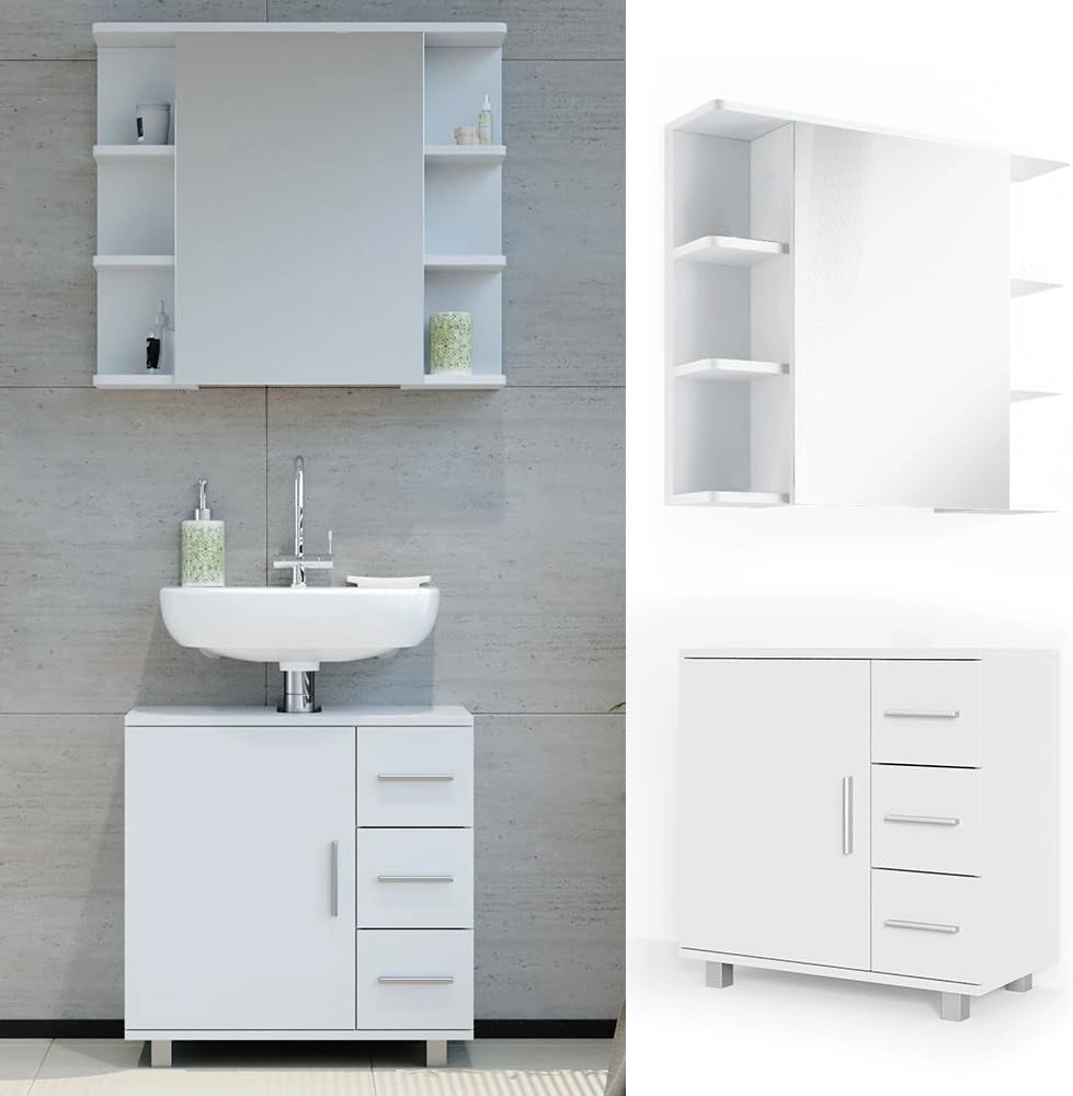 Set mobili bagno Ilias, Bianco, 60 cm, composto da specchio da bagno e mobile sottolavabo