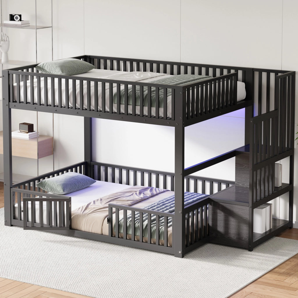 Letto a Castello 140x200 cm; 2 Posti - LED Regolabile; Scala con Contenitore - Nero