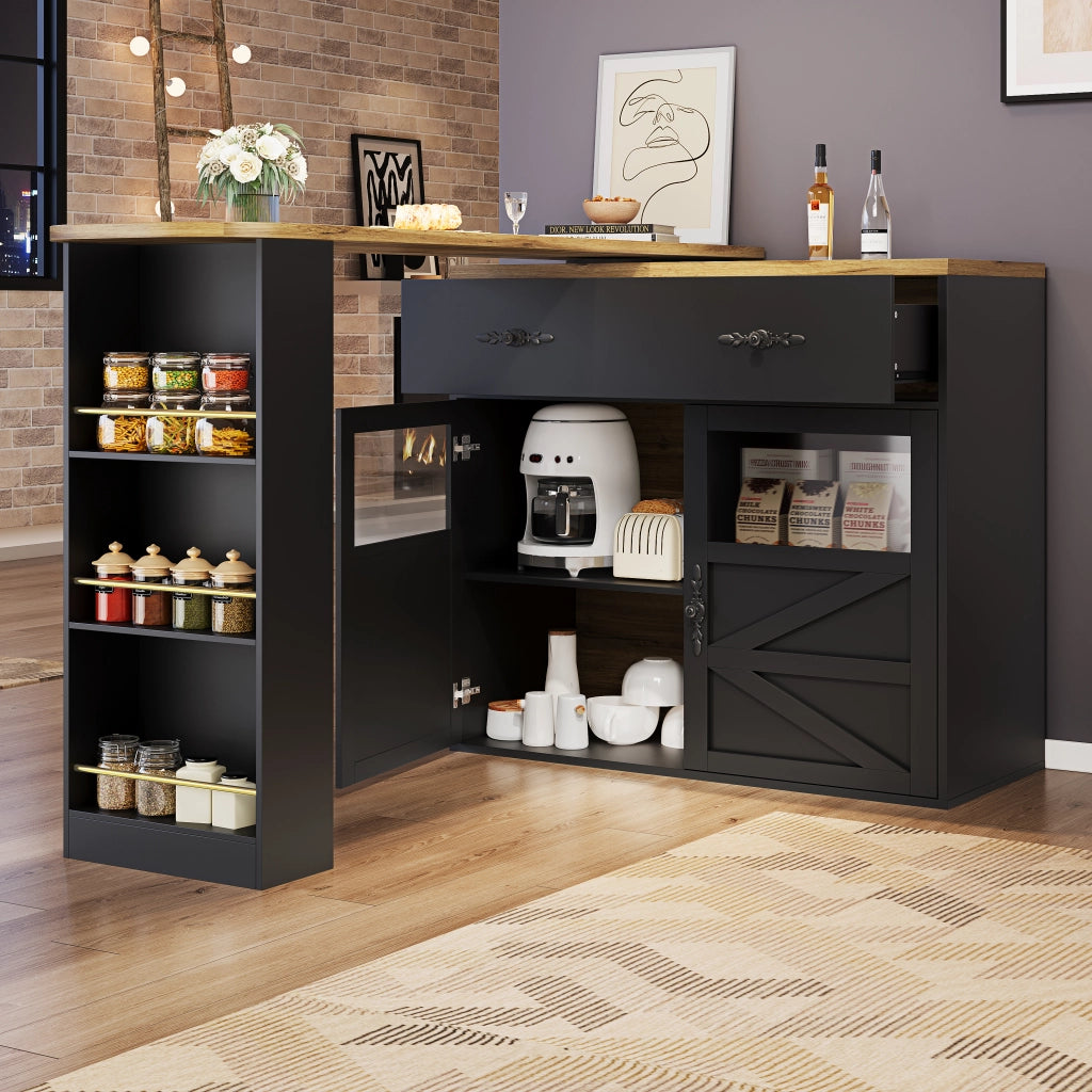 Tavolo da Pranzo Allungabile con 1 Cassetto; 3 Ripiani e Rotazione a 360 Gradi; in MDF; Nero; 138-204x39x104 cm