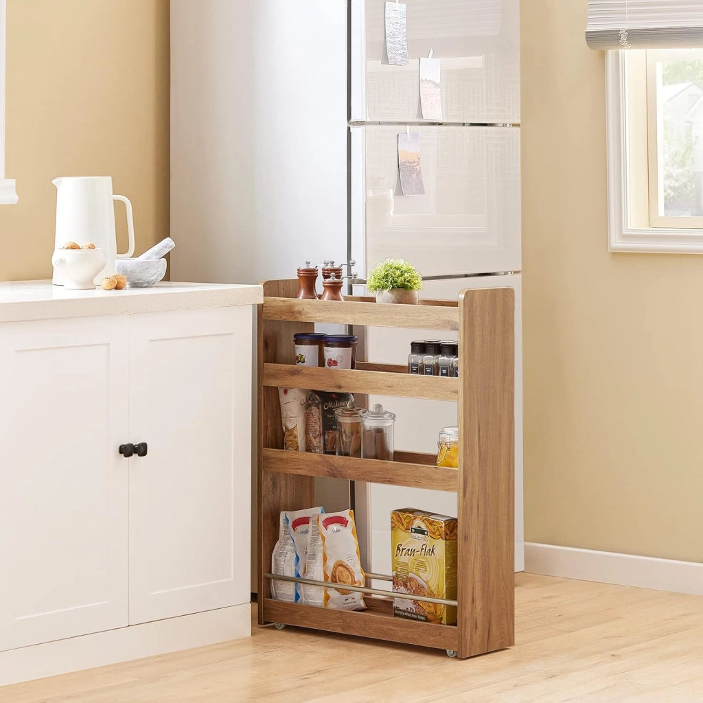 Carrello Slim per Cucina e Bagno con 4 Ruote Scaffale Salvaspazio a 4 Ripiani con Aste Antiscivolo Unità di Stoccaggio per Cucina, Bagno, Forniture per Bellezza o Artigianato 60x18x82cm NSR01-PF