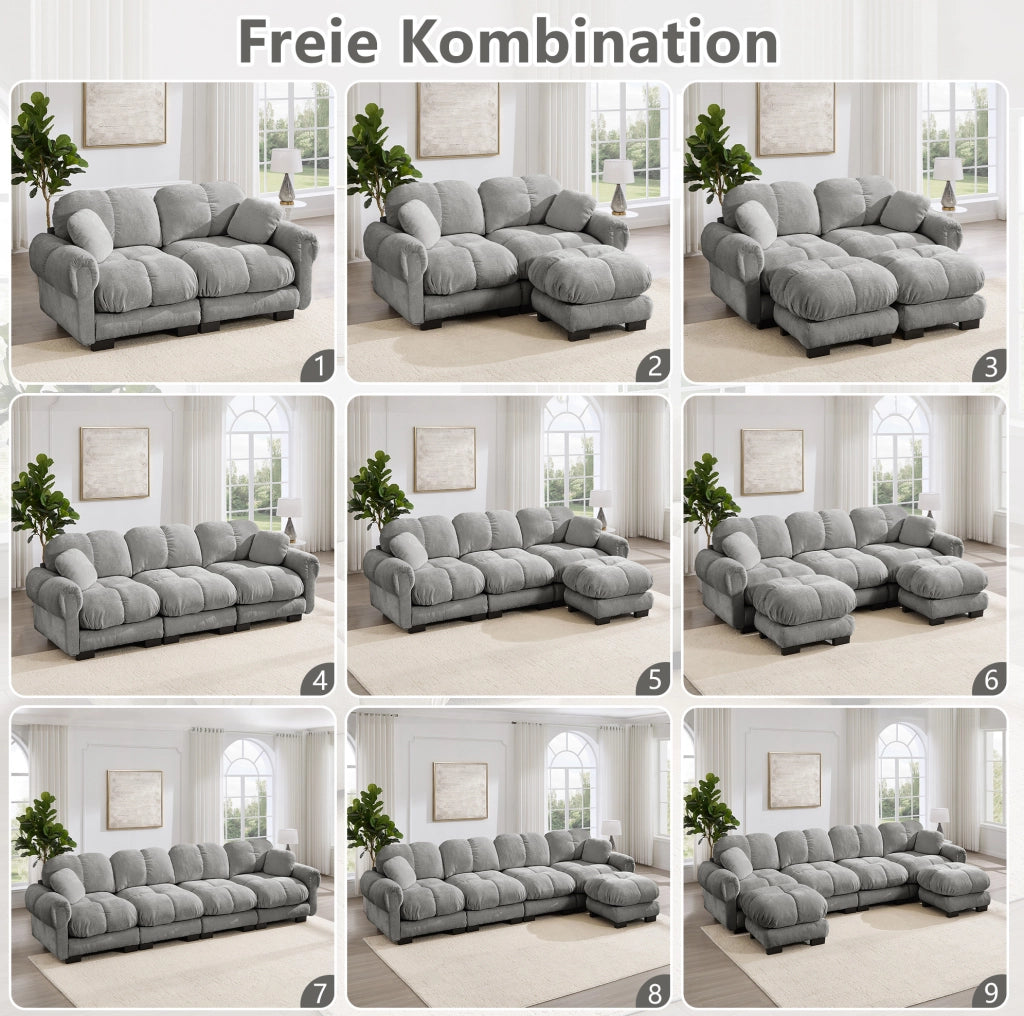 Divano modulare in ciniglia; 260x149x90 cm; grigio chiaro