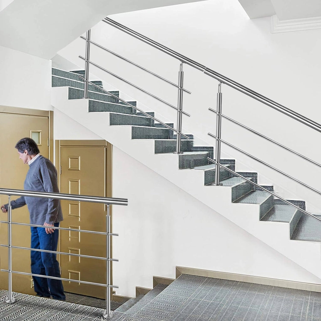 Corrimano per scale in acciaio inox, per esterni, 120 cm, parapetto con 2 montanti, per interni ed esterni, 3 barre trasversali