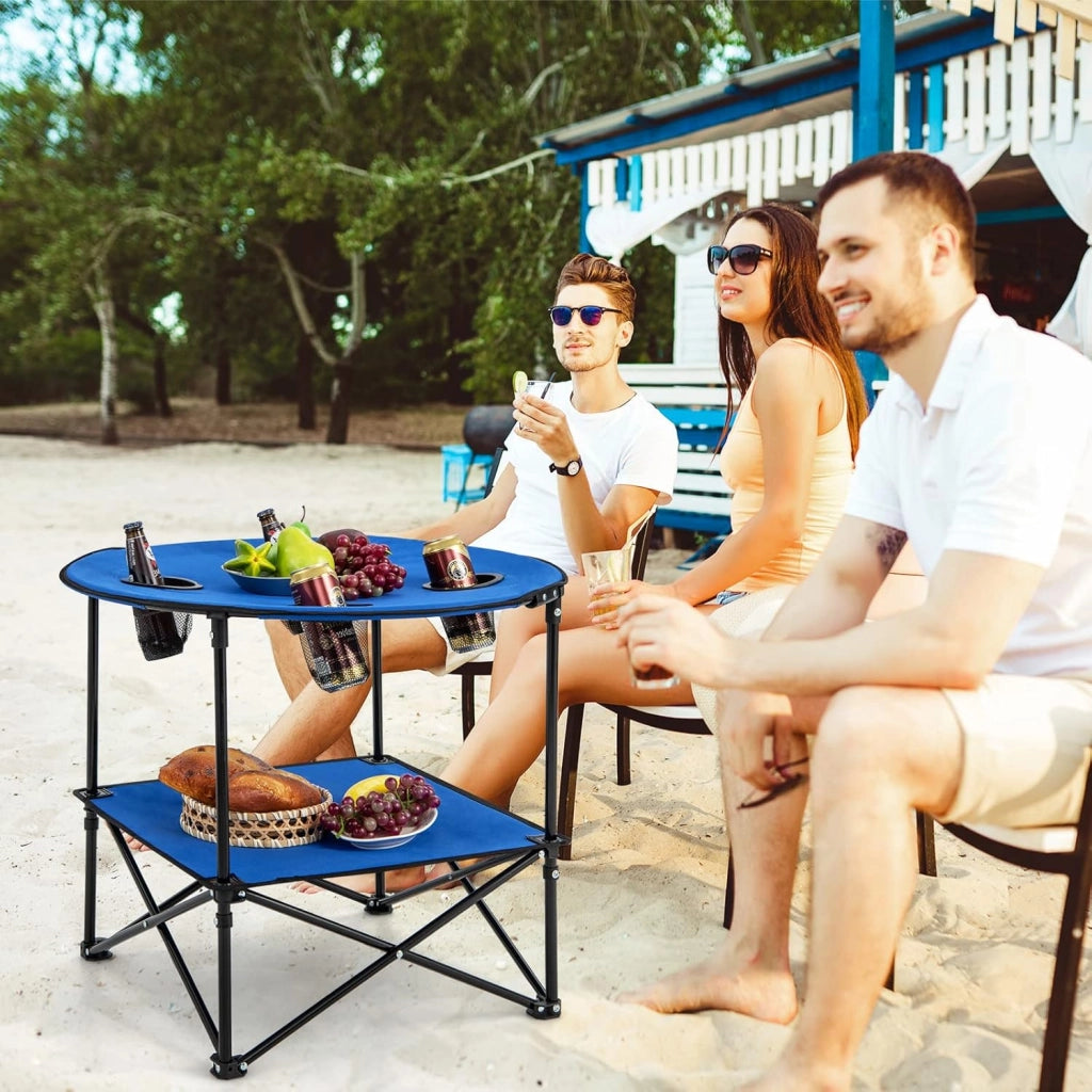 Tavolo da Campeggio Pieghevole, Tavolo da Picnic Portatile a 2 Ripiani, 4 Porta-Coppe, Tavolo Impermeabile per Spiaggia, Portata 40 kg