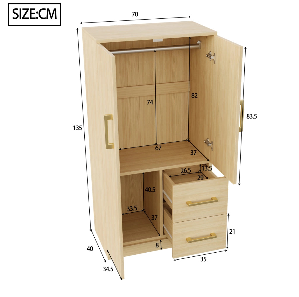 Armadio 70x40x135 cm con doppie ante; due cassetti e ampio spazio; legno naturale