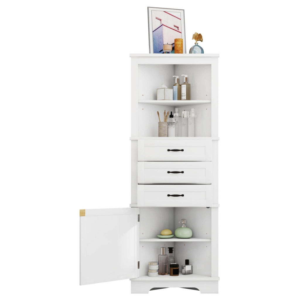 Mobile angolare da bagno in MDF bianco, 3 cassetti e ripiani regolabili