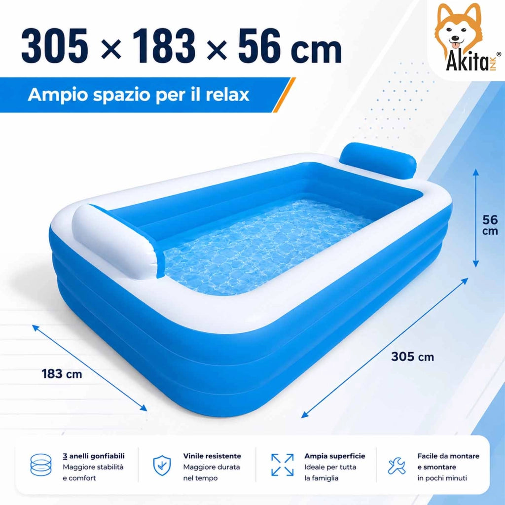 Akitaink Piscina Gonfiabile 3 metri con cuscini 305x183x56 cm