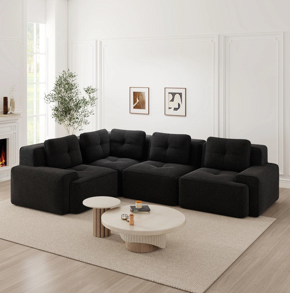 Divano angolare modulare 295x206x69 cm in velluto a coste nero; senza montaggio