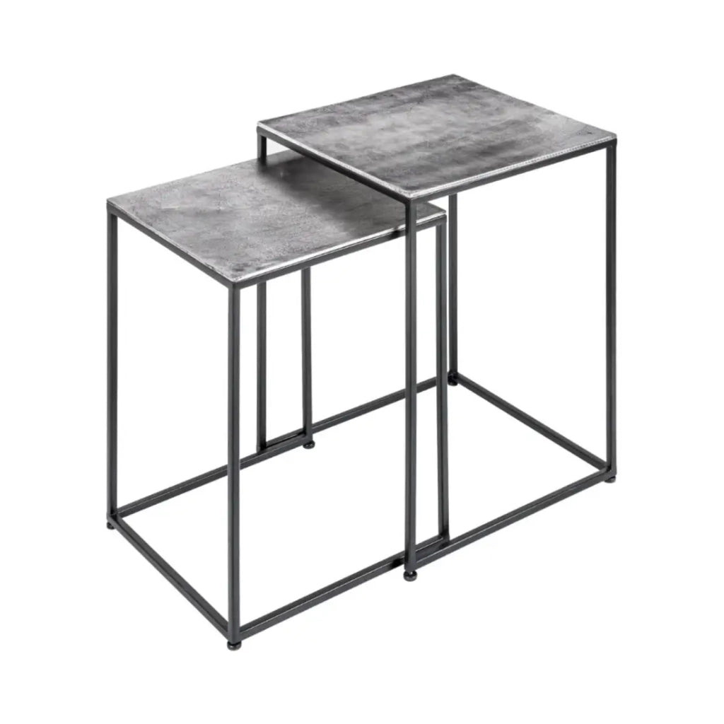 Tavolini da salotto nidificati VORTEX in alluminio grigio testurato e metallo nero - set di 2 tavoli quadrati dal design moderno