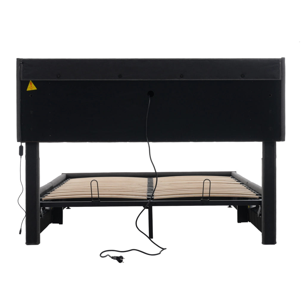 Letto imbottito ULEVR 140x200 cm con contenitore, LED RGBW, prese USB e Type-C, grigio