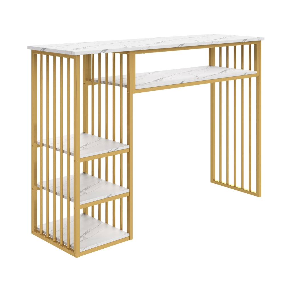 TAVOLO BAR con ripiani 140x40x105 cm MDF effetto marmo bianco oro