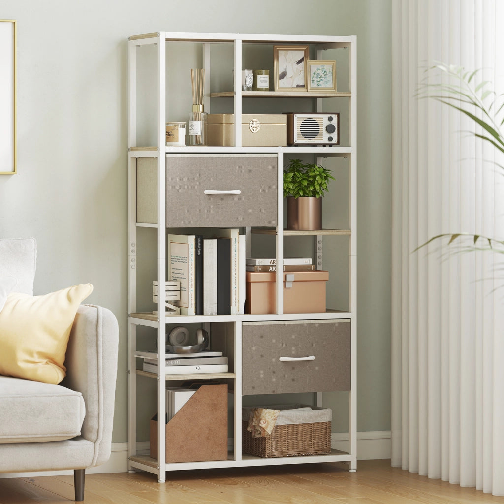 Libreria con 2 cassetti in tessuto e 9 ripiani aperti ¨C Zephmum ¨C Bianco 72.5x30x150 cm