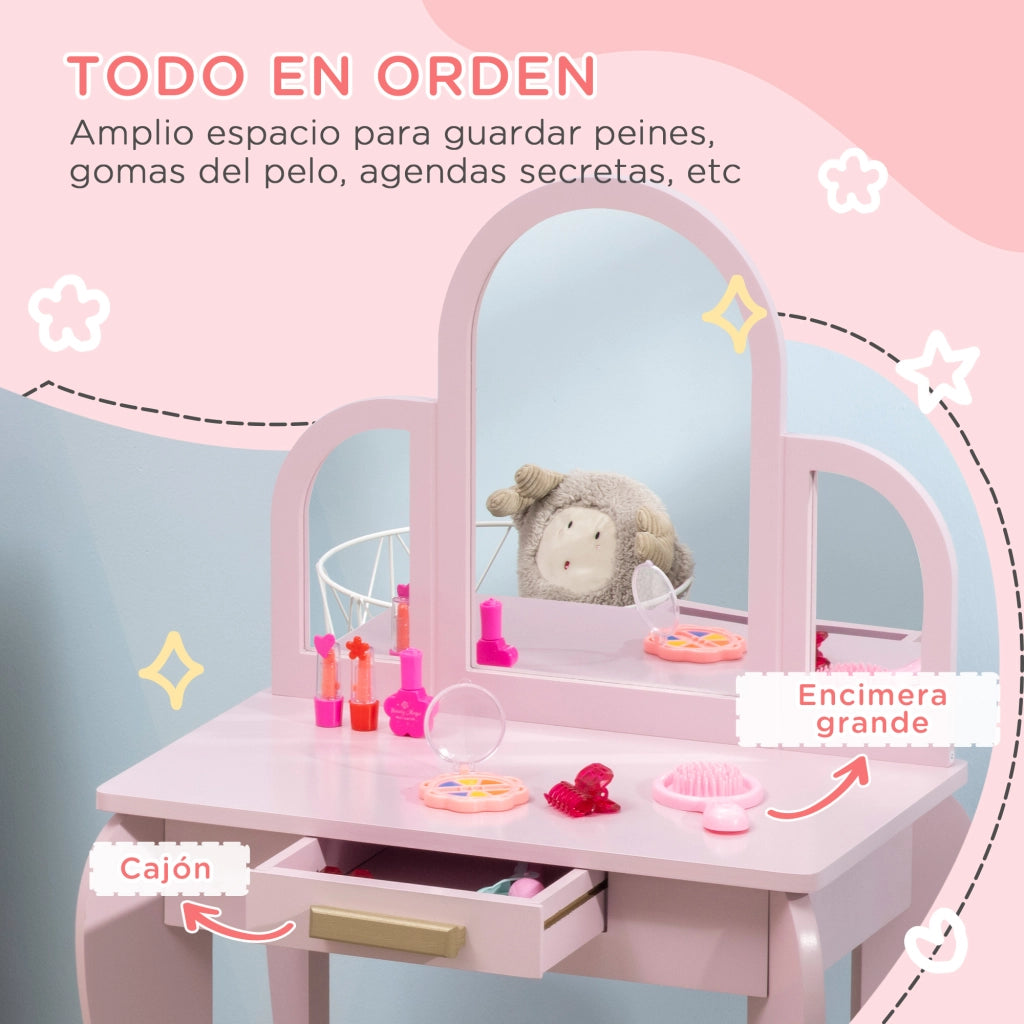 Tocador per Bambini con Specchio e Cassetto ¨C zephmum ¨C Rosa 60x40x90 cm