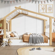 Letto singolo per bambini a forma di casetta; doghe incluse; legno di pino e MDF; bianco e naturale; 90x200 cm