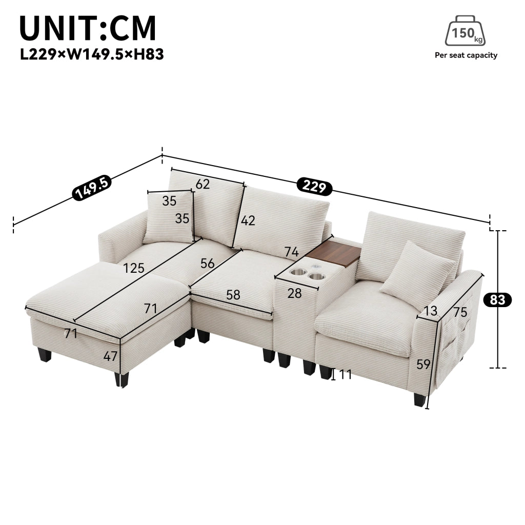 DIVANO Angolare Modulare 229x149,5x83 cm in Corduroy Beige con console