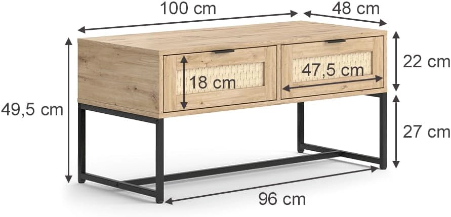 Cassettiera per camera da letto Natal, Sonoma, 100 x 48 cm con due cassetti, adatto come superficie d'appoggio per accessori da soggiorno