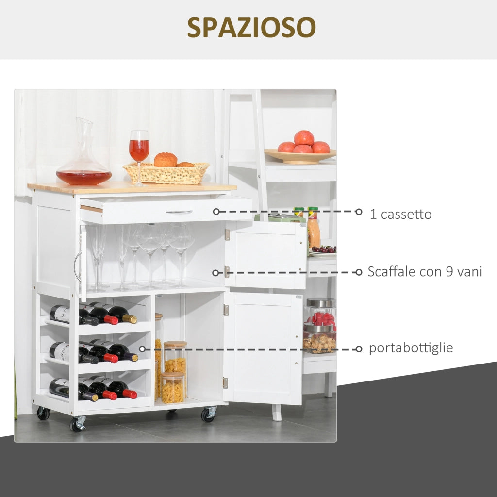 EasyComfort Carrello Cucina con Portabottiglie, 3 Ante, 4 Ruote e Cassetto, Mobiletto Cucina Salvaspazio per Microonde e Spezie in Legno, 67x37x87 cm, Bianco e Rovere