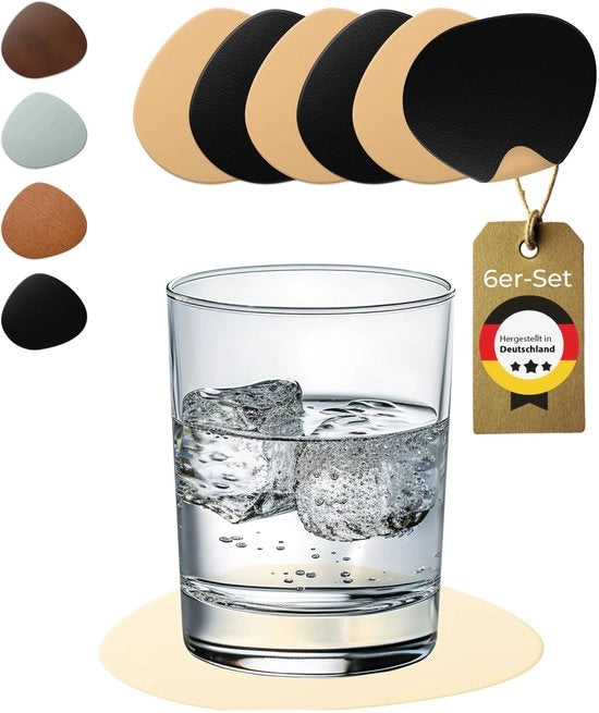 Set di Sostegni in Vetro - 6 pezzi - Antiscivolo e Lavabile - Protezione Perfetta per la Tavola - Sostegni in Vetro PVC in Pelle Finta Nero/Bianco - Prodotto in Germania