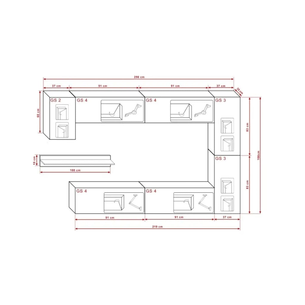 Set di mobili da salotto bianchi sospesi collezione CEPTO VI 256 cm, 7 porte, mensola nera, LED, modulari