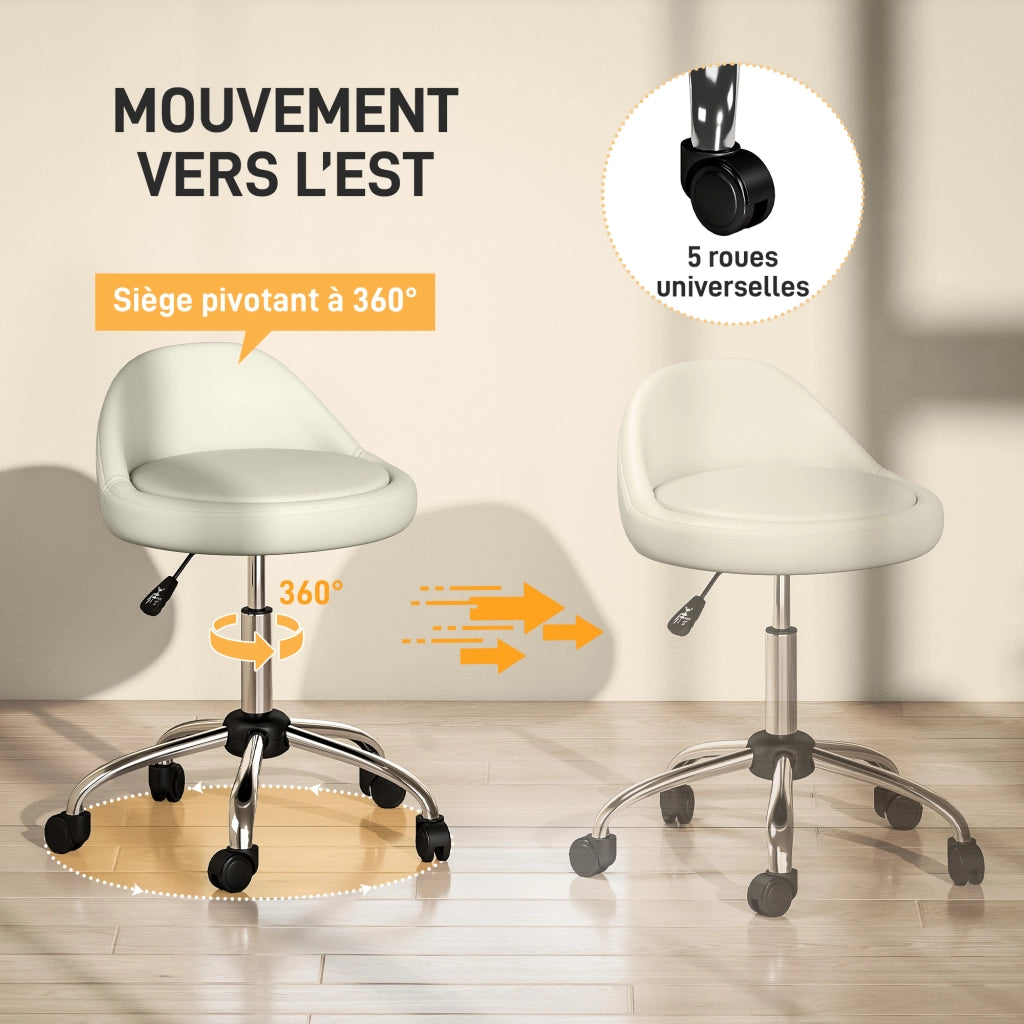 Sgabello con Ruote ¨C zephmum ¨C Bianco, Sintetico, Regolabile 53-73 cm