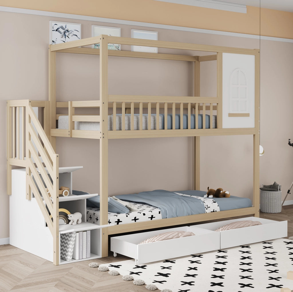 Letto a castello 90x200 cm con scala e cassetti; sponde di sicurezza in legno colore naturale