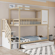 Letto a castello 90x200 cm con scala e cassetti; sponde di sicurezza in legno colore naturale