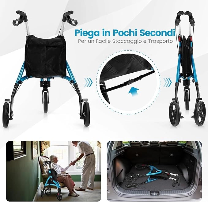 Deambulatore per Anziani in Alluminio Ultraleggero a 3 Ruote, Rollator per Anziani Pieghevole e Regolabile in 6 Livelli 86-96 cm con Borsa e Ruote Bloccabili, Portata 136 kg (Blu)