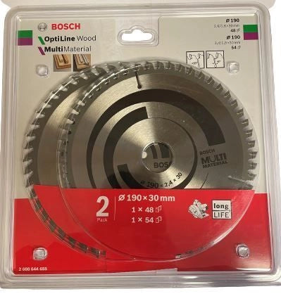 Bosch 2608644655 Optiline Wood + Multi Material Saw Blade Set Diametro 190 mm Foro 30 mm 48 denti + 54 denti colore Nero