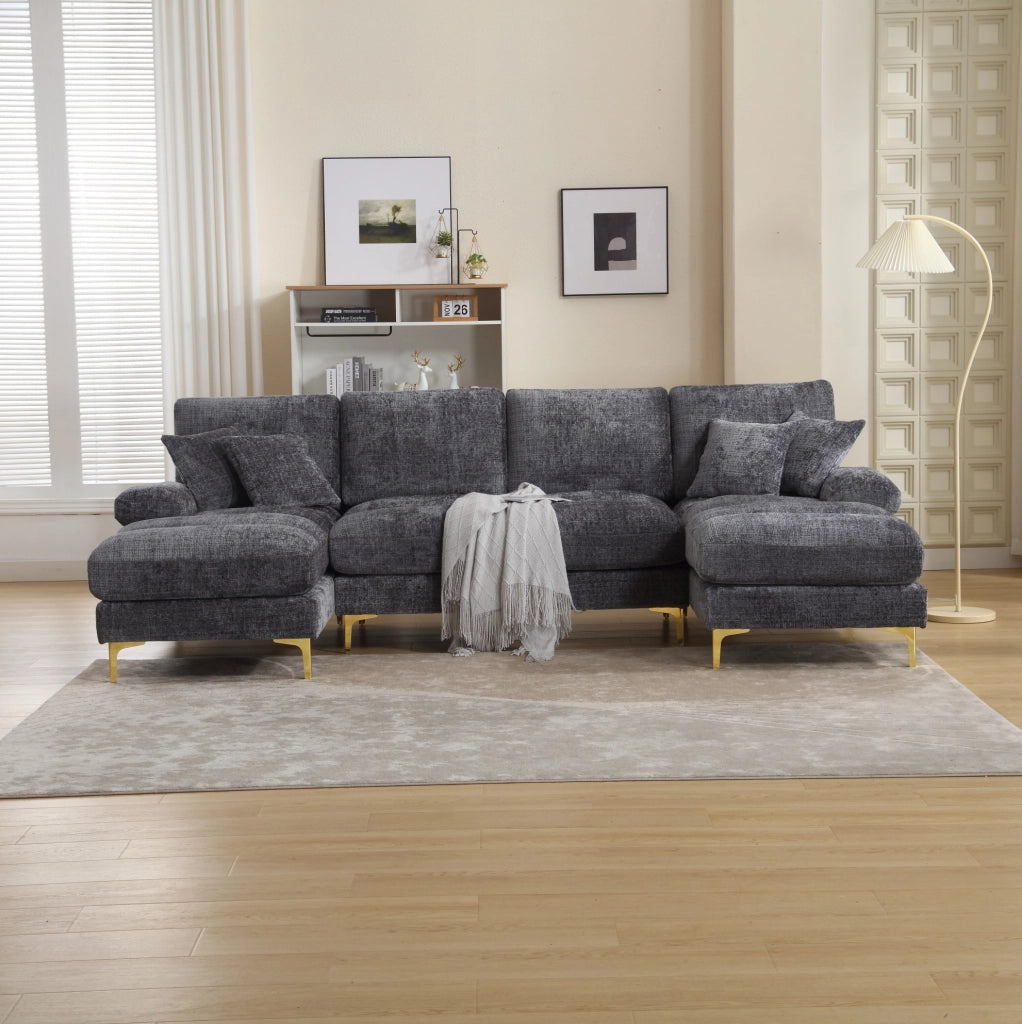 Divano a U 272x136x88 cm con due sedute reclinabili; struttura in legno; chenille grigio