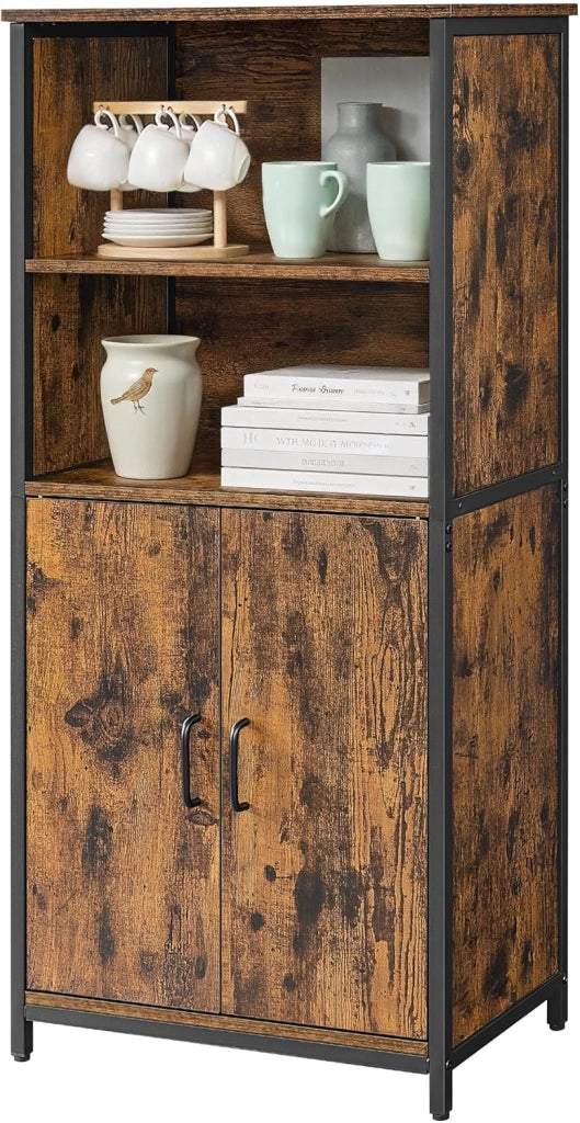 VASAGLE Mobiletto, Credenza, Libreria, 2 Ripiani Aperti e Scomparto con Ripiano Interno Regolabile, Telaio in Acciaio, per Salotto Cucina Studio, Marrone Rovere e Nero LSC066B50