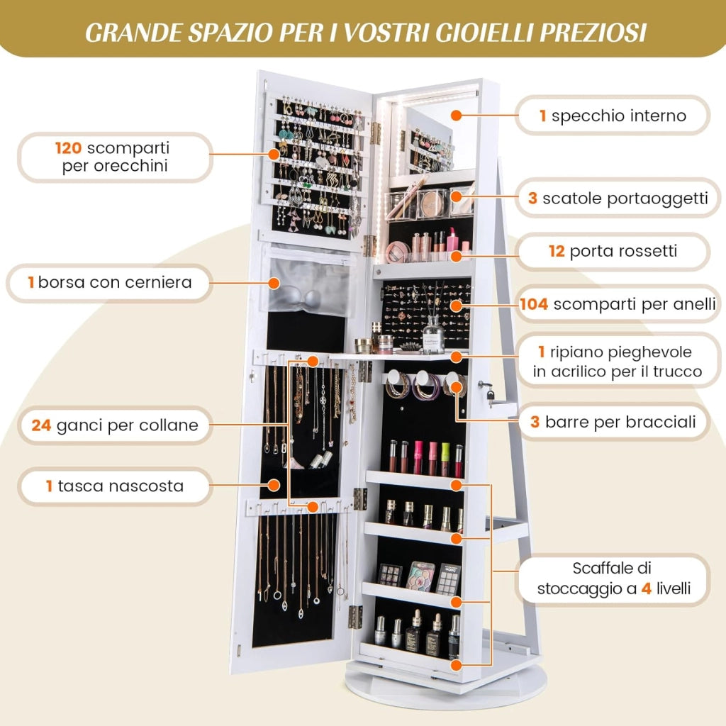 Armadietto per Gioielli Girevole a 360°, con Specchio a Figura Intera Luce a LED a 3 Colori, Specchio Interno per il Trucco con Serratura, 54,5 x 54,5 x 161cm (BIANCO)