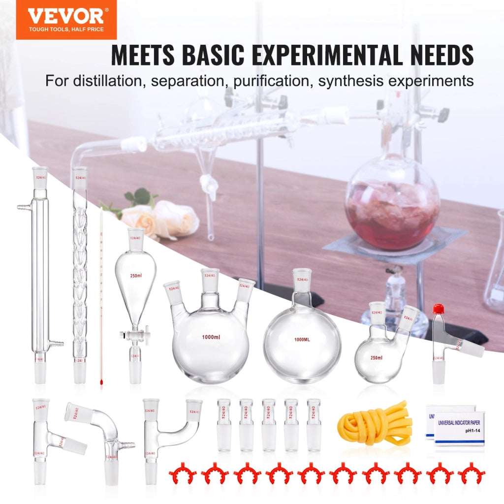 Kit di distillazione da laboratorio 29 pezzi in vetro borosilicato 3.3 giunti 24/40 boccetta 1000 ml YHEO-8 per oli essenziali