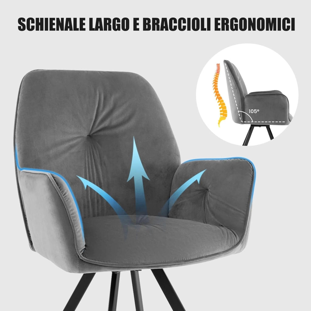 Set di 2 Sedia da Scrivania in Velluto, Poltrona Girevole a 360° con Gambe in Metallo e Piedini Antiscivolo, Schienale Largo e Braccioli Ergonomici, per Camera da Letto, Studio, Soggiorno