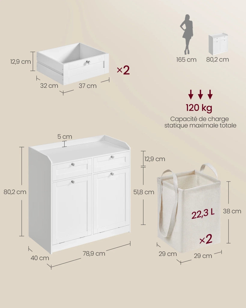 Mobiletto da bagno con cesto portabiancheria e armadio portaoggetti dotato di 1 cassetto e 1 sacco interno per la biancheria rimovibile con manici 40 x 40 x 80,2 cm bianco 12_0006486