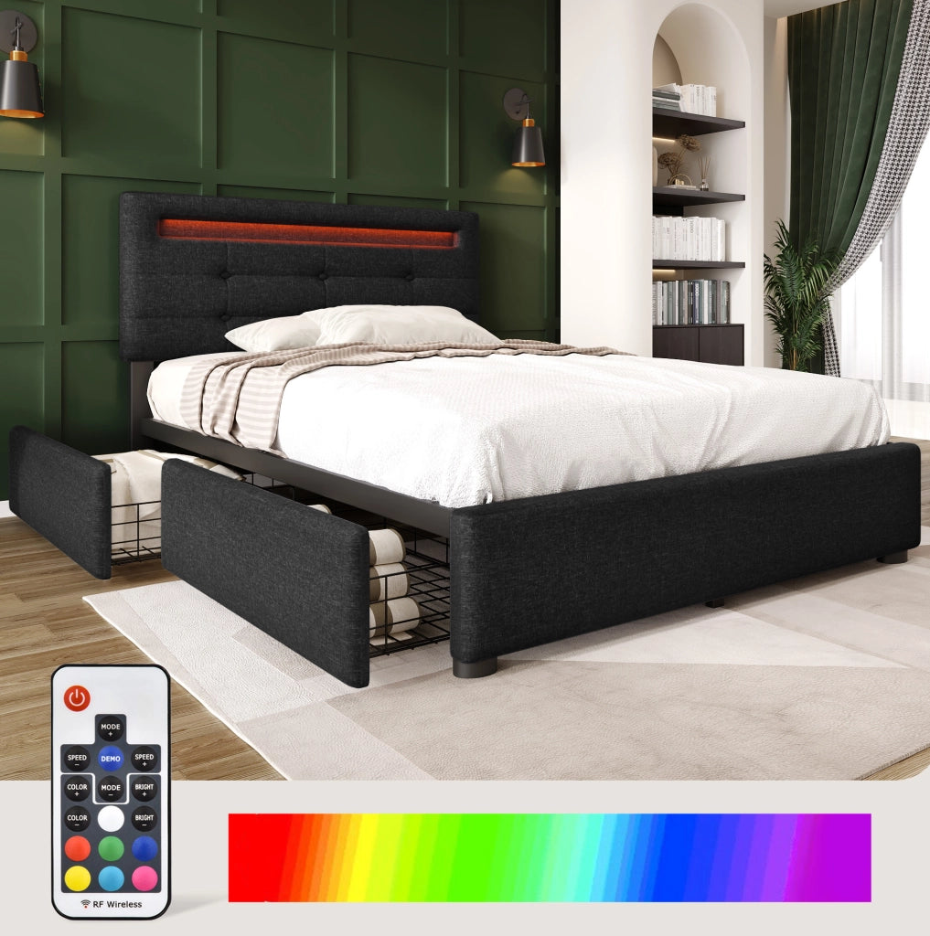 Letto singolo 90x200 cm nero con LED, 2 cassetti e materasso
