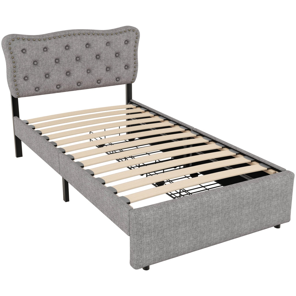 OKWISH Letto Singolo 90×200 cm con 2 Cassetti, Testiera Regolabile e Borchie Decorative, senza Materasso, in MDF e Lino, Grigio