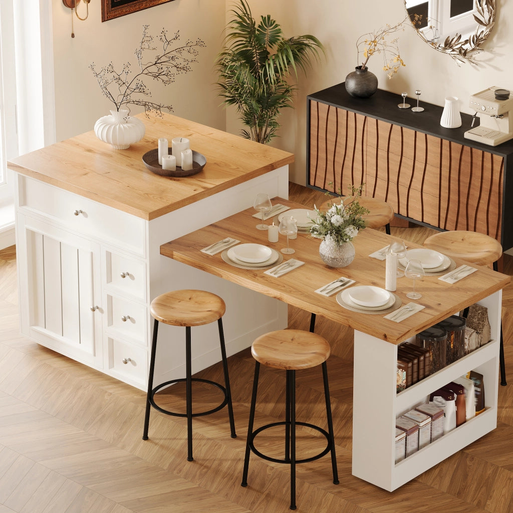 Isola Cucina Allungabile con Cassetti e Ruote ¨C MINIMAL ¨C Bianco, Piano Effetto Legno, 120-184 cm
