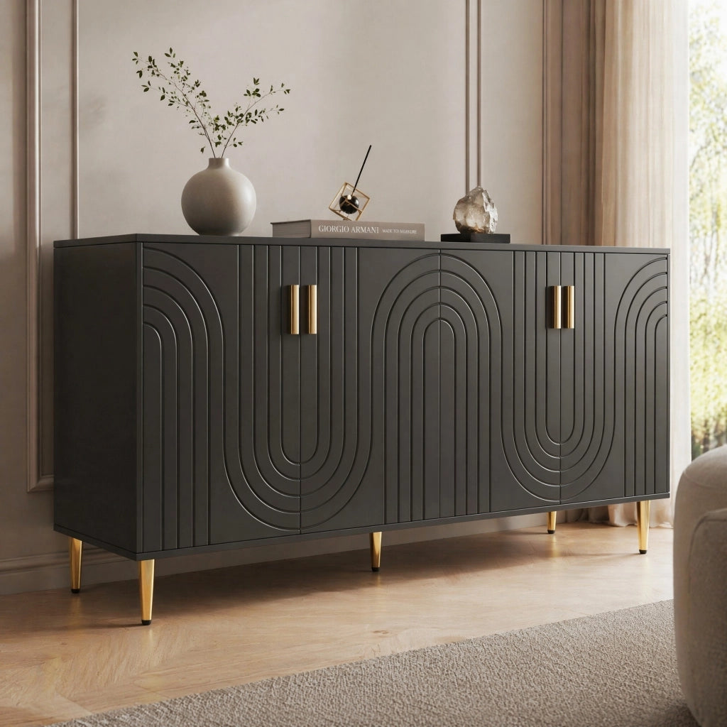 Credenza nera in MDF 152x40x75 cm con ante ondulate