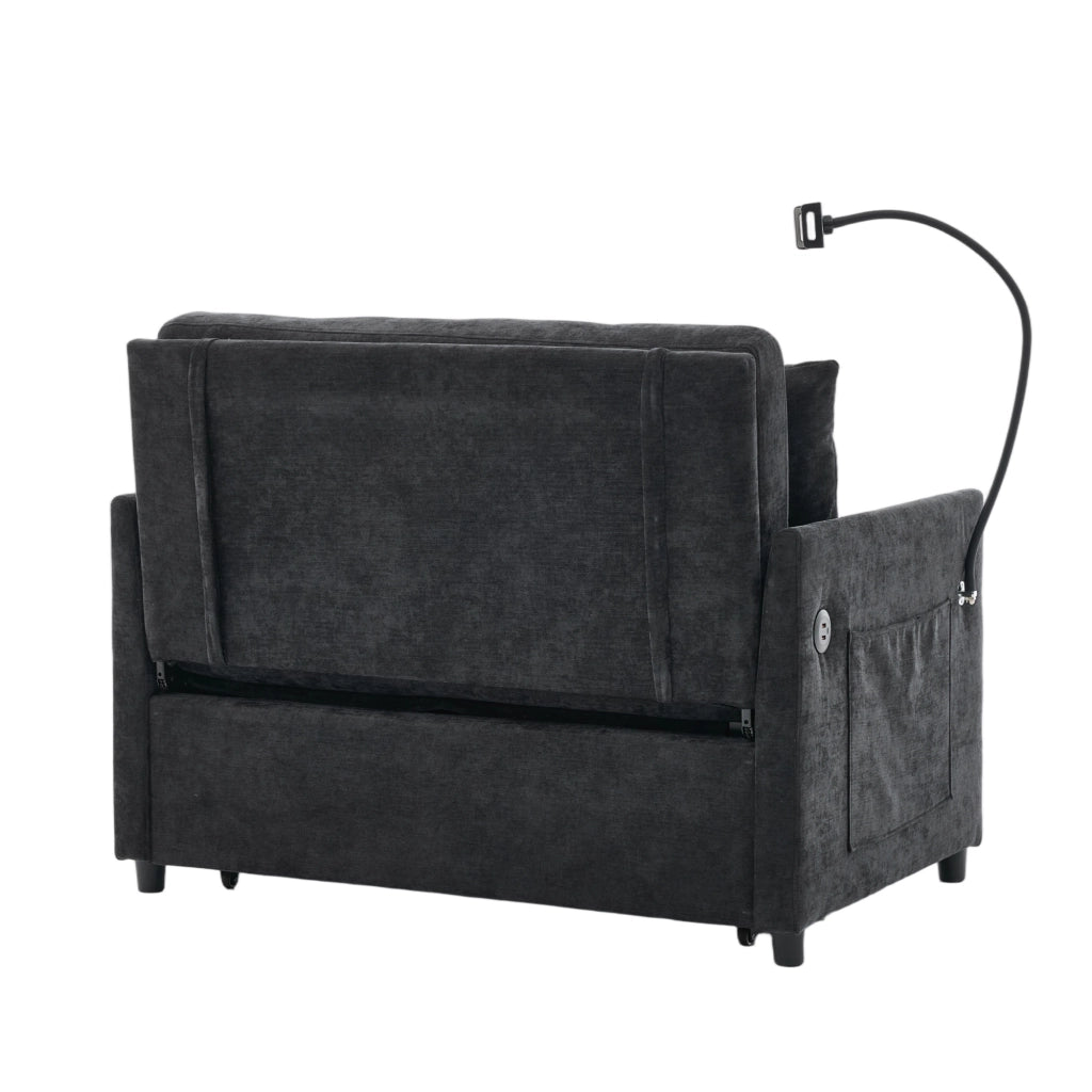 Divano convertibile moderno con porta USB e supporto tablet in tessuto effetto lino nero 109 × 72 × 83,5 cm