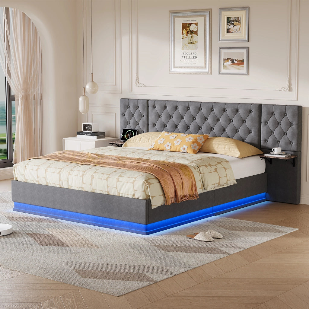 Letto matrimoniale 160x200 cm con contenitore LED USB ricarica wireless testiera con mensole rete a doghe legno metallo lino - beige
