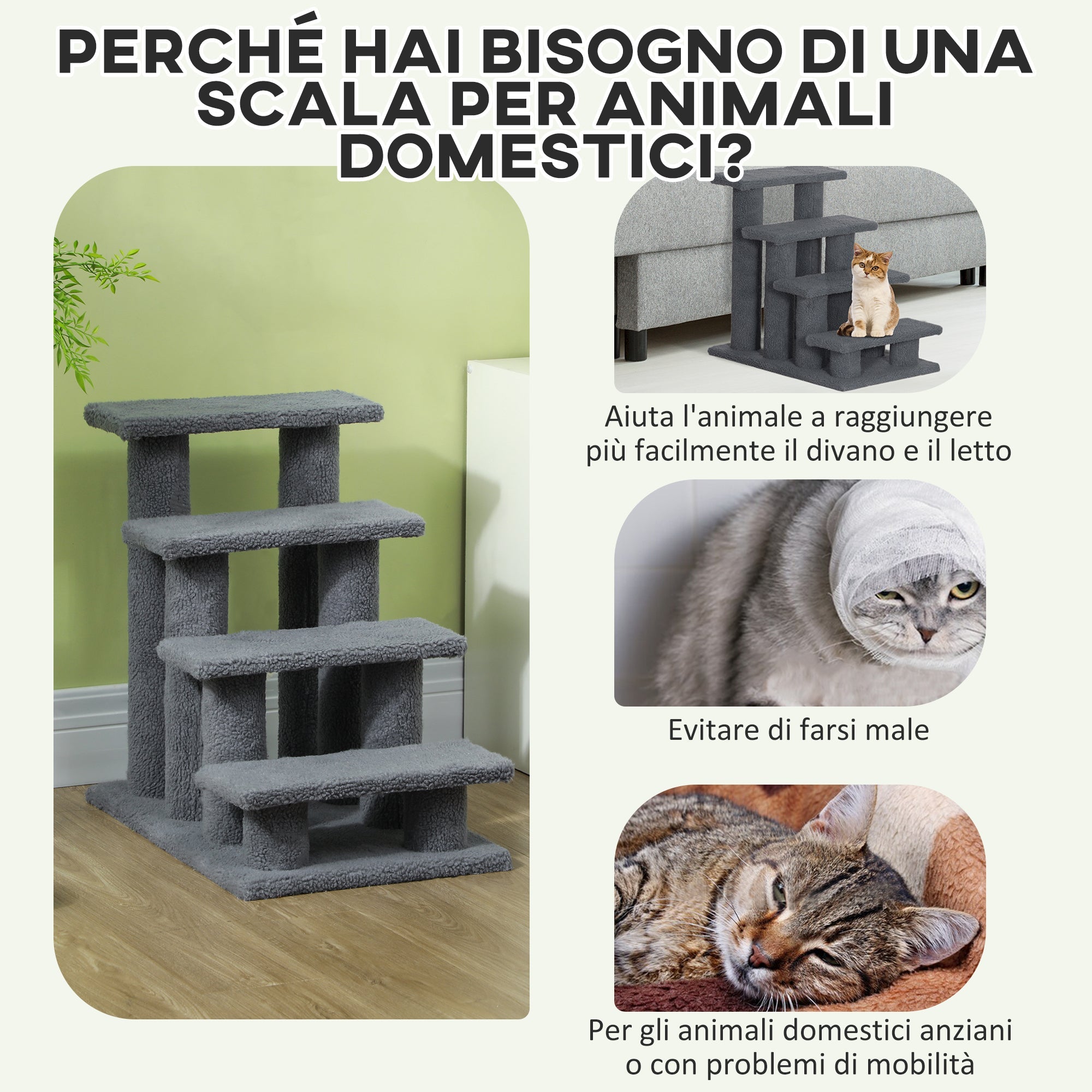 Scaletta per Gatti a 4 Gradini 61x41x60 cm con Rivestimento in Peluche Grigio