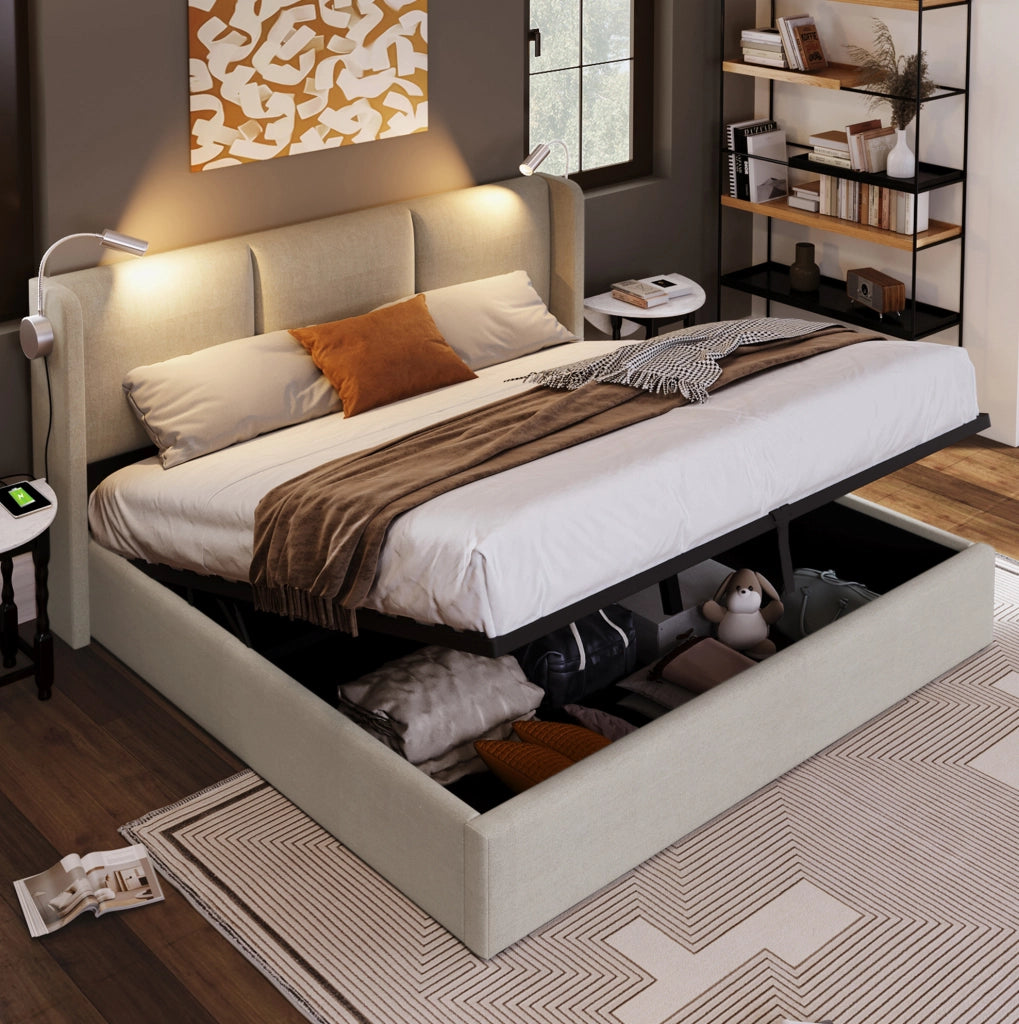 Letto imbottito 140x200 beige con contenitore, luce USB e materasso