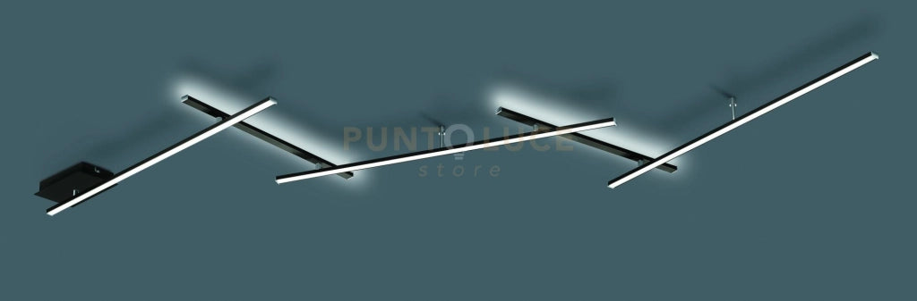 INDIRA PLAFONIERA-APPLIQUE ANCHE RETRO-ILLUMINATA CON 5 BACCHETTE ORIENTABILI NERE L. 245CM LED 25W 3000lm, 3000K DIMMERABILE