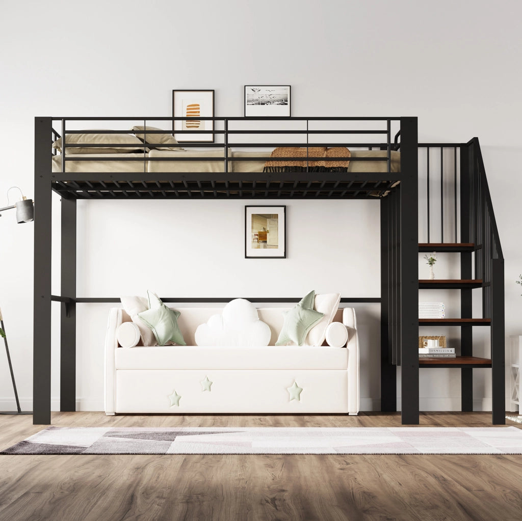 Letto a soppalco 140x200 cm in metallo e legno con scala integrata; nero