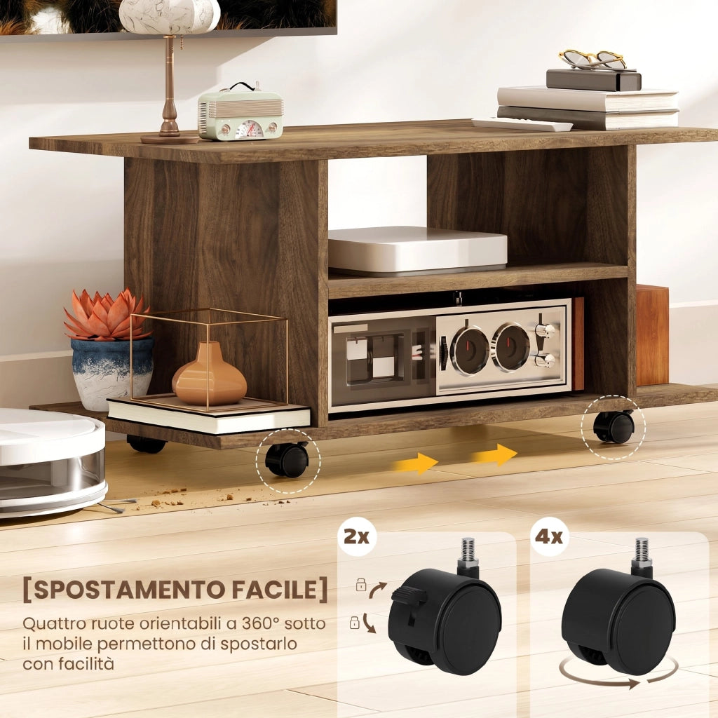 Mobile Porta TV Moderno 80x40x40 cm con Ripiani Ruote Girevoli e Freni Color Noce