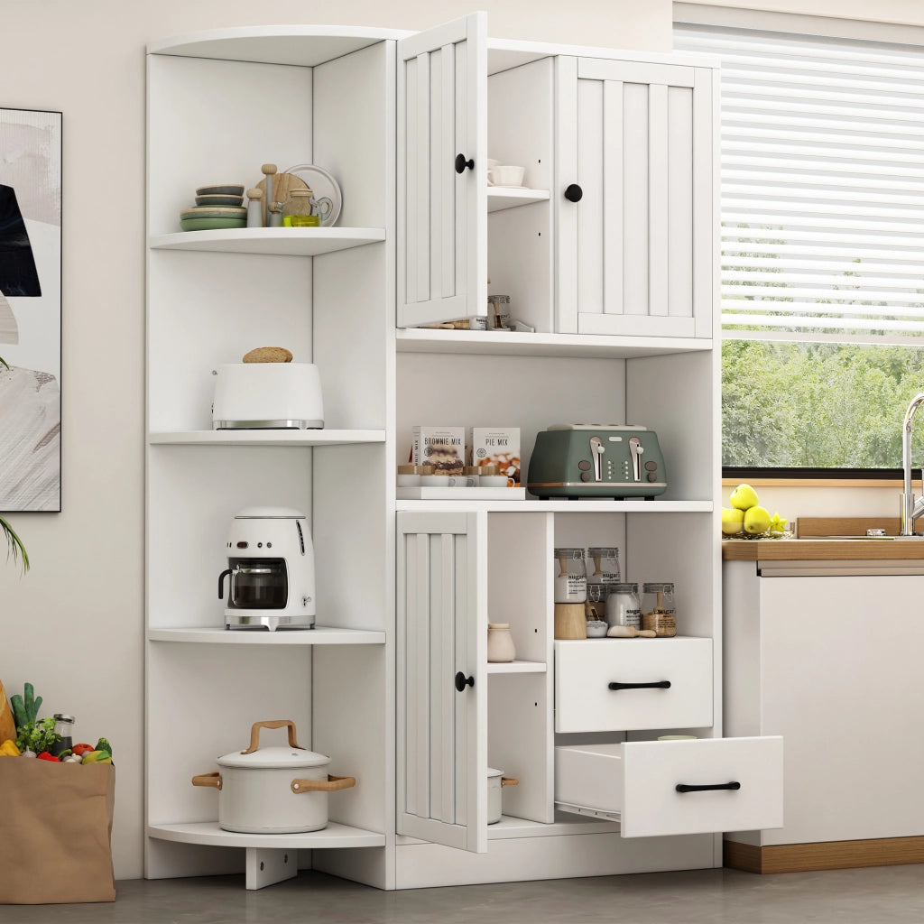 Armadio Angolare; Vetrina con 3 Ante e 2 Cassetti; 6 Vani Aperti; Stile Moderno; in Pannelli di Particelle; 104??35??155 cm; Bianco