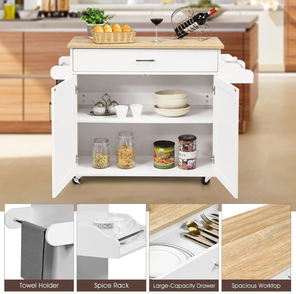 Carrello da Cucina, Credenza Mobile con Cassetto, Anta Doppia, Portaspezie e Portasciugamano, Ripiani Regolabili, Ruote con Freni, Portata di 50 kg, 116x40x85 cm, 4 Colori (bianco)